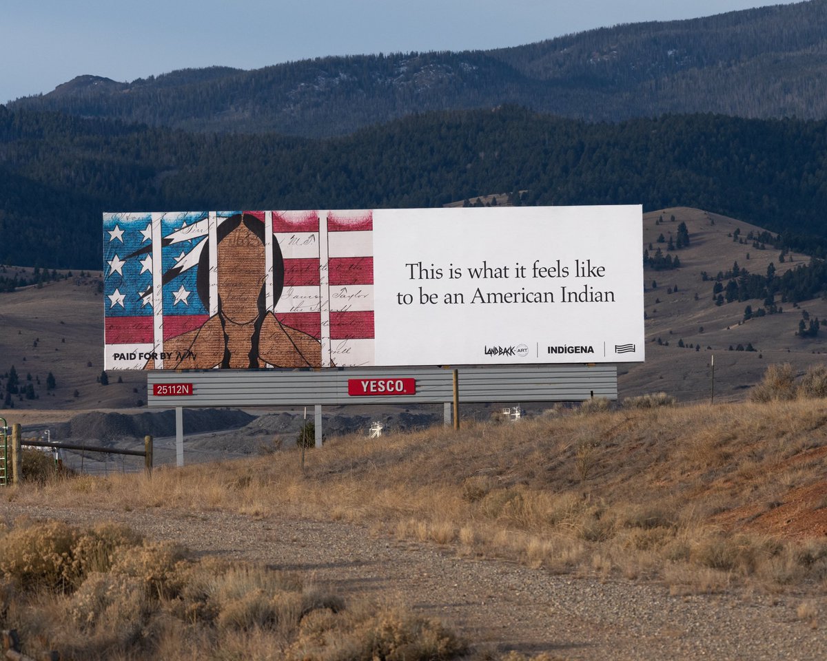 landback_art's tweet photo. This billboard by John Isaiah Pepion has been installed in Butte, MT as part of @landback_art , a collective effort powered by @ndncollective @forfreedoms and @indigenaio to uplift Indigenous voices and broaden support for the #LANDBACK Movement. https://t.co/l6eNDFTNQL