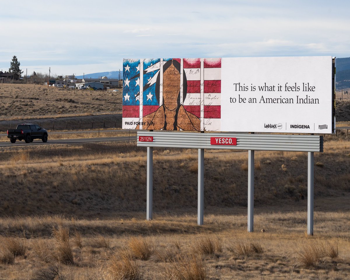 landback_art's tweet photo. This billboard by John Isaiah Pepion has been installed in Butte, MT as part of @landback_art , a collective effort powered by @ndncollective @forfreedoms and @indigenaio to uplift Indigenous voices and broaden support for the #LANDBACK Movement. https://t.co/l6eNDFTNQL