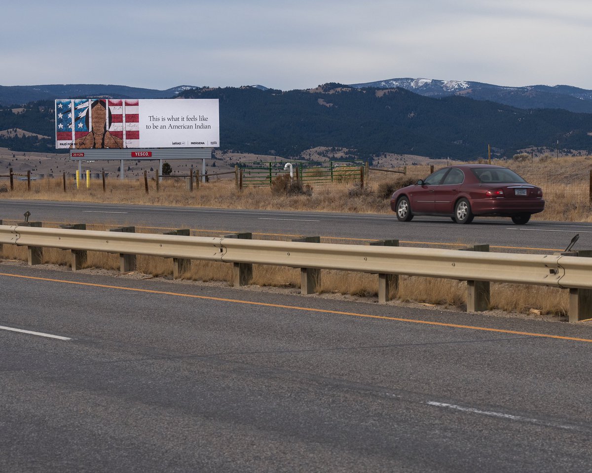 landback_art's tweet photo. This billboard by John Isaiah Pepion has been installed in Butte, MT as part of @landback_art , a collective effort powered by @ndncollective @forfreedoms and @indigenaio to uplift Indigenous voices and broaden support for the #LANDBACK Movement. https://t.co/l6eNDFTNQL