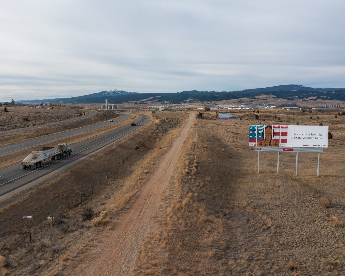 landback_art's tweet photo. This billboard by John Isaiah Pepion has been installed in Butte, MT as part of @landback_art , a collective effort powered by @ndncollective @forfreedoms and @indigenaio to uplift Indigenous voices and broaden support for the #LANDBACK Movement. https://t.co/l6eNDFTNQL