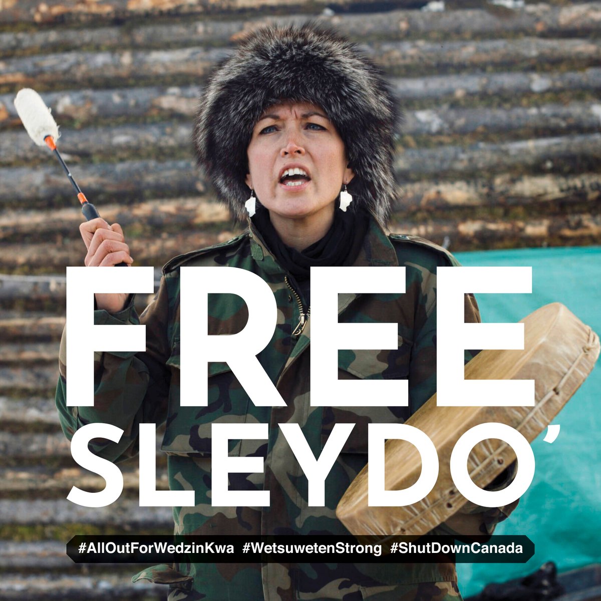Gidimten's tweet photo. #FREESLEYDO’! Today, militarized #RCMP arrested Gidimt’en Spokesperson Sleydo’, Dinϊ Ze' Woos’ daughter, &amp; several other unarmed Indigenous land defenders, on behalf #CoastalGasLink pipeline. Media and comms were cut. All eyes on #Wetsuweten! #AllOutForWedzinKwa!  #ShutDownCanada https://t.co/GQXje48GOk