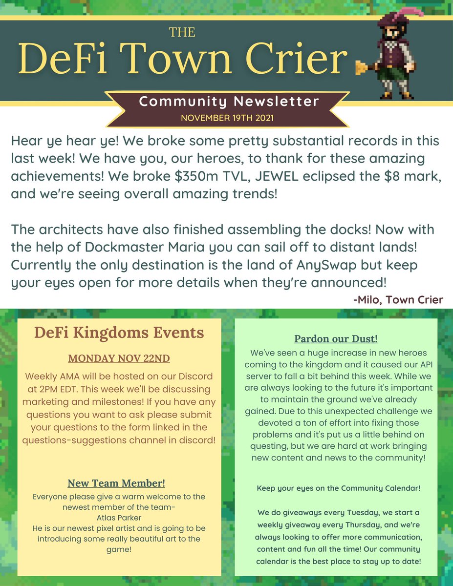 DeFiKingdoms's tweet photo. 📯Hear Ye Hear Ye📯
📜Read All About it📜

⚔️DeFi Kingdoms Town Crier!🏰

✅$350m TVL
✅$JEWEL over $8
✅New Team Member
✅Dockmaster

Check back every week for News from the Kingdom!

#DeFi #DeFiKingdoms #GameFi #Crypto #TownCrier #RPG #PixelGaming #RetroGaming #BlockchainGaming https://t.co/x17mg6h42P