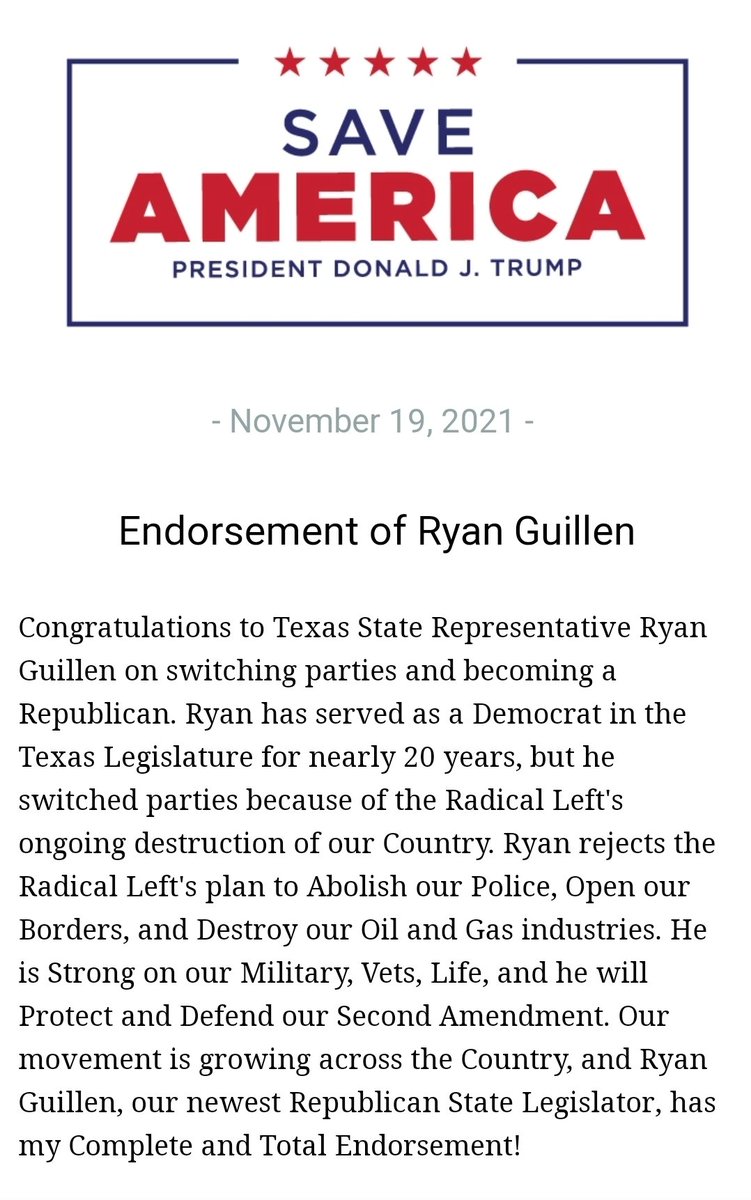 realLizUSA's tweet photo. NEW!

President Donald J. Trump announces his endorsement of Ryan Guillen for Texas State Representative https://t.co/uzXg70TBmA