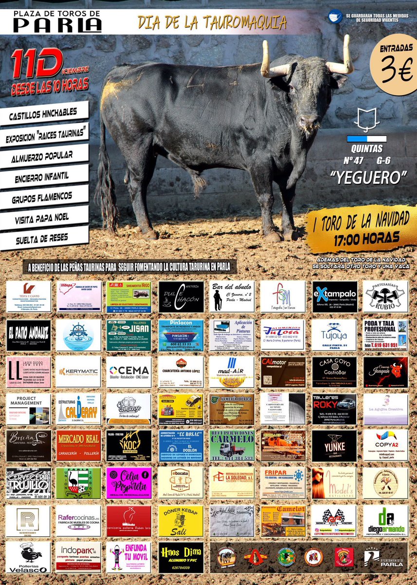 I TORO DE LA NAVIDAD 🎄 

👉🏻 Todo preparado para que el próximo 11 de diciembre la Plaza de Toros de Parla vuelva a ser el centro de la actualidad taurina 🔝

🎟 Las entradas estaran a la venta a partir del viernes de la semana que viene, os informamos de los puntos de venta.