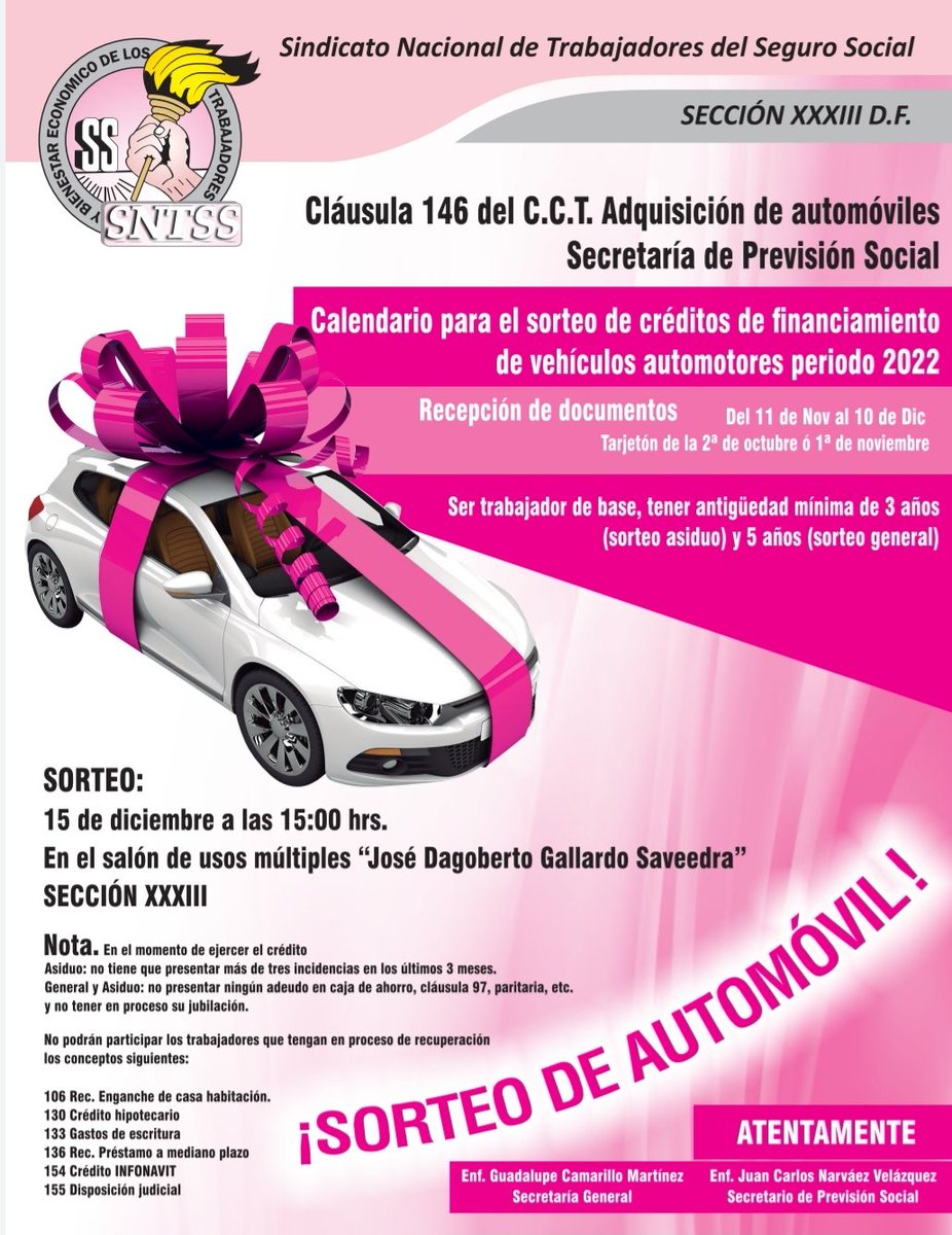 33Sntss's tweet photo. 📣🚗¡Bip, bip! Ya llegó el cartel para la inscripción al Sorteo de Crédito de Automóvil, se realizará el próximo 15 de diciembre. No sé olviden de participar.😉😎

#SorteodeAuto #SecciónXXXIII #SNTSS #LupitaCamarillo #Sección33  #SecretaríadePrevisiónSocial https://t.co/J3wVcNbXQt