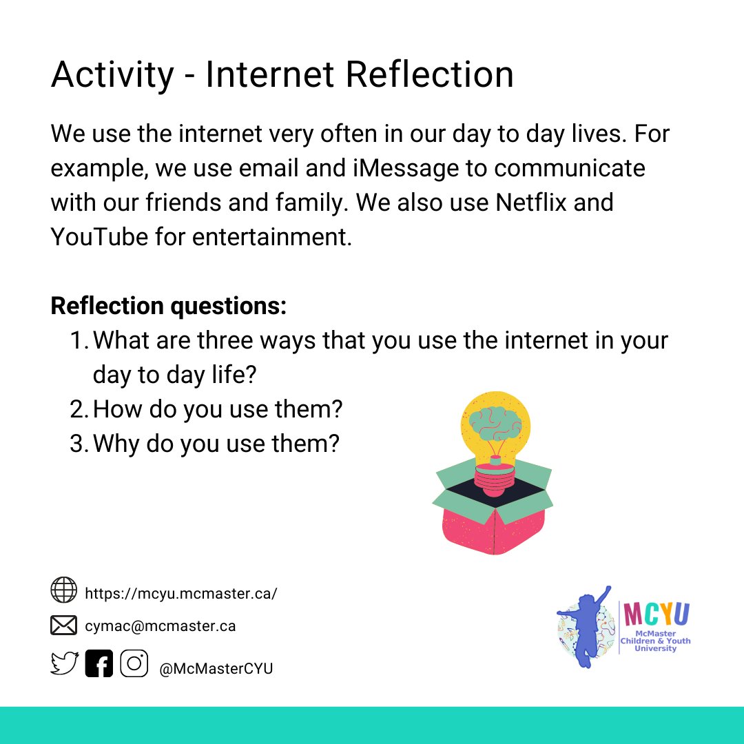 McMasterCYU's tweet photo. In the 21st century, the internet has become a part of our everyday lives. For this week's STEAM activity we're going to do a reflection about the internet. #QuestionDiscoverCreate #MCYUtechnology https://t.co/l6CvIdpH7B