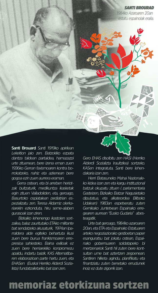 SortuBilbo's tweet photo. 🌹Gaur bezalako egun batean Estatuko merzenarioek Indautxuko auzokidea genuen #SantiBrouard hil zuten. Bere borrokak eta ametsek gure artean irauten dute. IZAN ZIRELAKO GARA! ✊🏾
#izanzirelakogara
#oroimenagara https://t.co/baSOXnFqGr