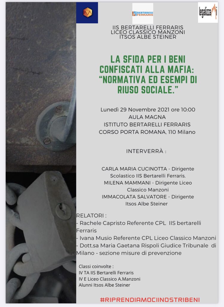 MilanoCpl's tweet photo. @USRLombardia @atmilano1 @Corriere @repubblica @PdMiAntimafia @AlbeLiceo @ComuneMI @RegLombardia 

Il Centro Promozione Legalità prosegue la sua attività in convenzione con Regione Lombardia con il progetto: i BENI CONFISCATI ALLE MAFIE. PROSSIMO EVENTO: 29 novembre 2021 https://t.co/WuCN9UGWyX
