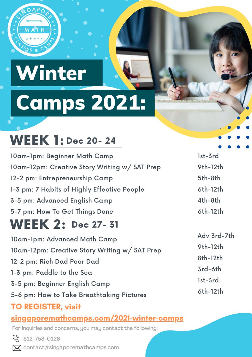 SingaporeMath's tweet photo. Registration is NOW OPEN for Winter Camps2021!
To Register, Visit our website and check our winter camps schedule. 
https://t.co/SHl8GgkXk4
#wintercamps #singaporemathcamps https://t.co/rjHYNUwXS6