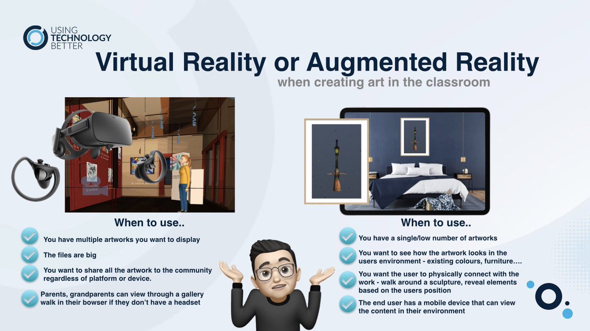 PaulHamilton8's tweet photo. So your students are creating amazing artwork and not sure if #VR or #AR could/should be used? Here’s a quick checklist I hope helps. They are different! Don’t try to make it fit. Let the tool play to its strengths! @AppleEDU #aroniPad @Usingtechbetter #art #VisualArt #edtech https://t.co/EWY3lY5Sq8