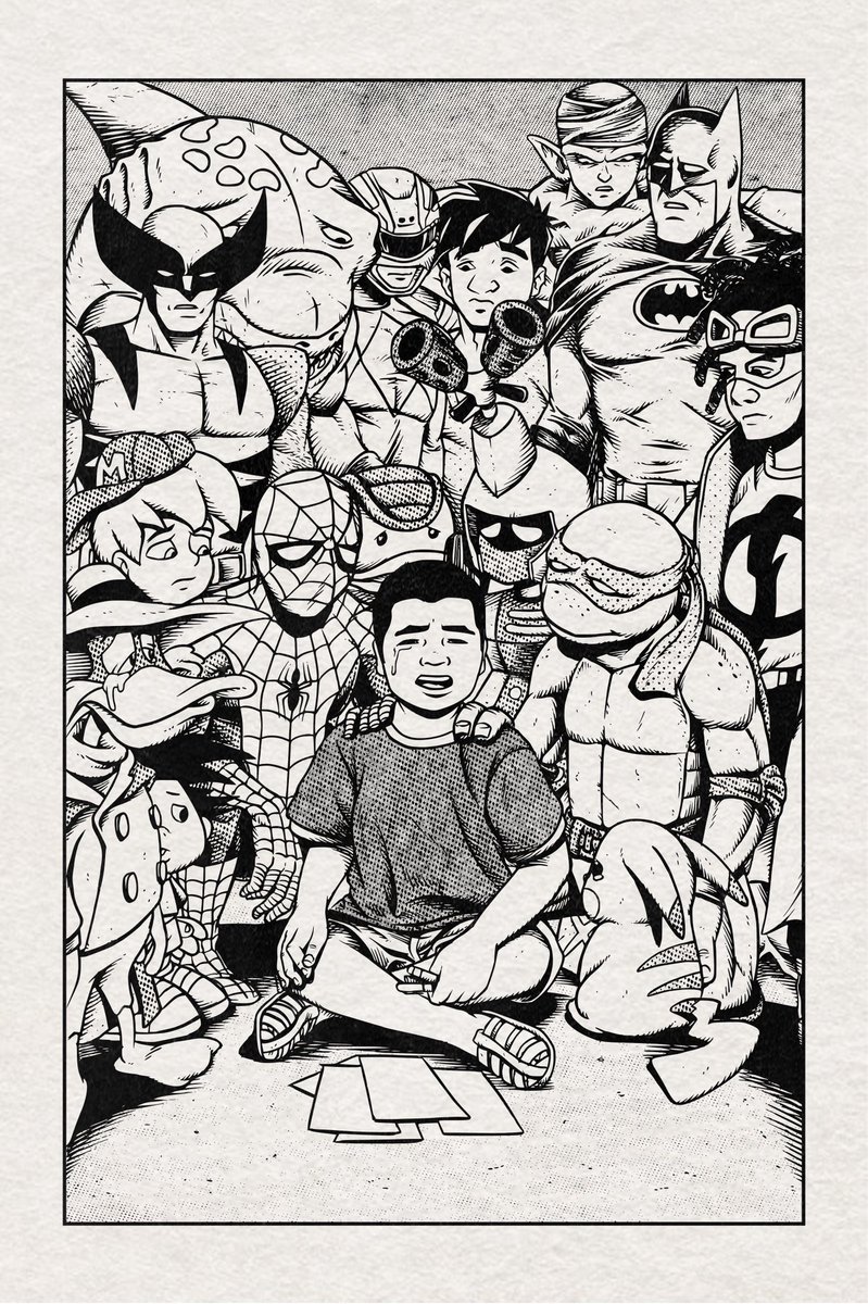 SheaSerrano's tweet image. // @arturodraws grew up in a violent home — as a child he would draw as a way to escape — this picture he drew of himself as a kid being consoled by the characters he would draw is beautiful and pulverizing in a way that only the very best artists can do — just incredible stuff