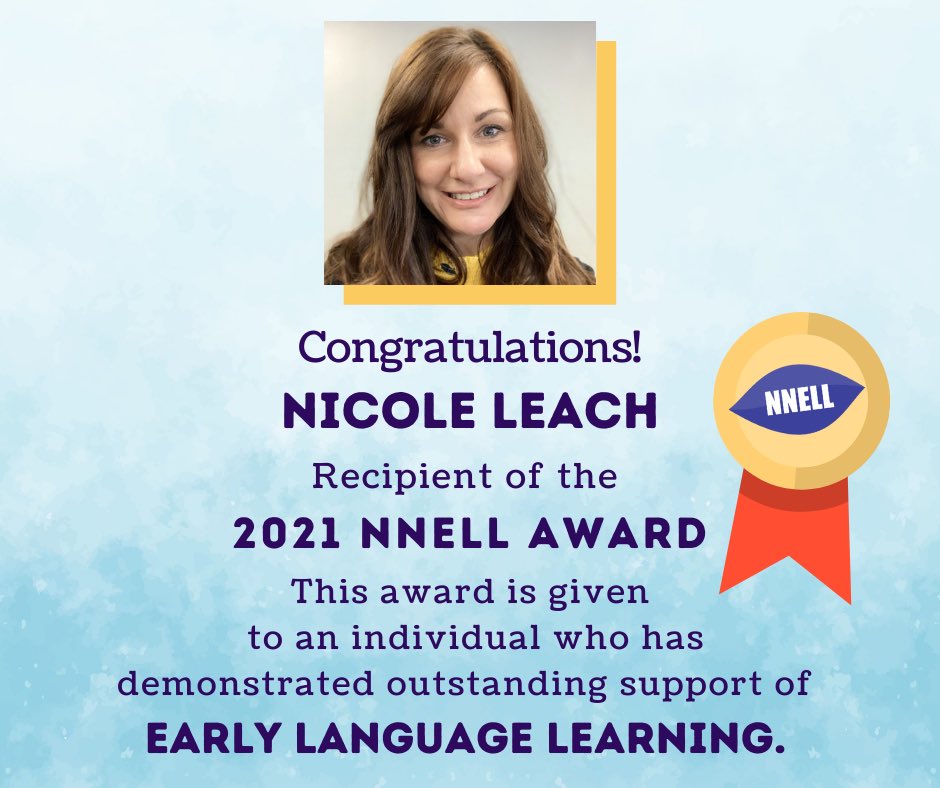 Congratulations to <a href="/NicoleNLeach/">Nicole Leach</a>! Thank you for your support of #earlylang! <a href="/israelfernandoh/">Israel F. Herrera | 2018 AATSP Teacher of the Year</a> <a href="/EarlyLang/">NNELL</a>