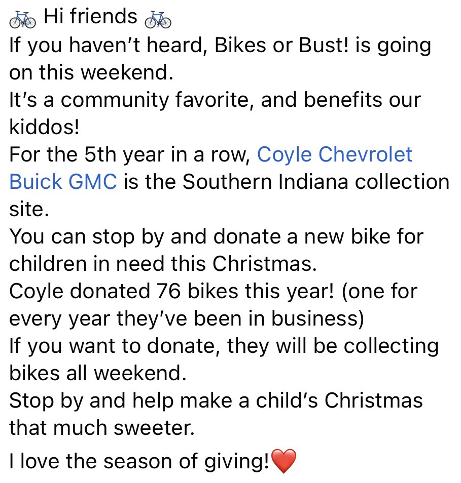 LaurenJonesNews's tweet photo. A great, community, event is underway at @CoyleChevy through Monday. Take a look at the details โฌ๏ธ but itโs all about helping make a childโs Christmas that much sweeter - with a new bike! #BikesorBust https://t.co/uIo6tFLury