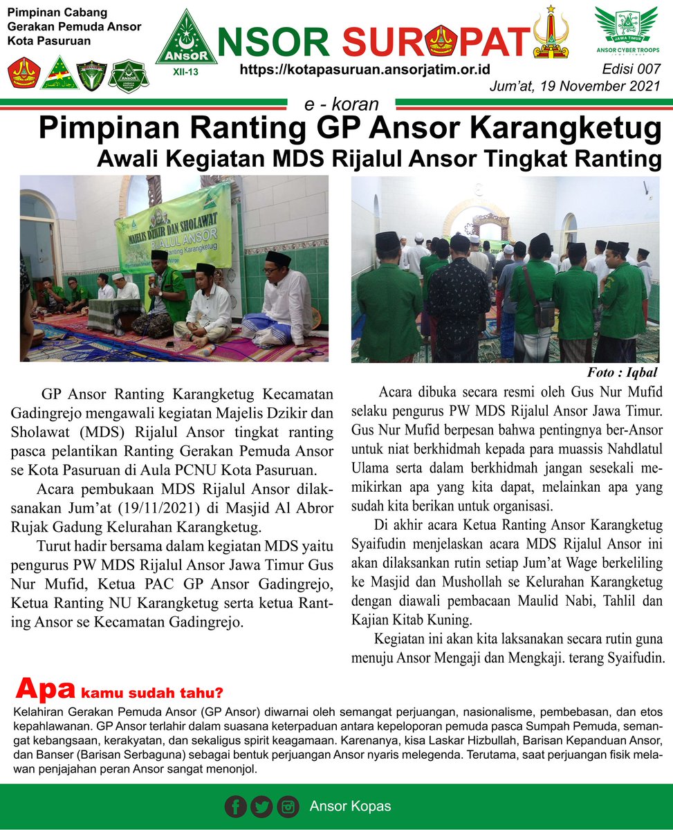 AnsorKopas's tweet photo. Ansor Mangaji
PR GP Ansor Karangketug mengawali kegiatan MDS Rijalul Ansor Tingkat Ranting.
Pagar Baja Gerakan Kita

#AnsorSatuBarisan
#AnsorMengaji
@pwansorjatim
@AnsorGading 
@syafiq_ansor
@mahdikherid 
@Elarham2 
@Zulkarnainus 
@Dhydieet 
@amrudinnejad_ 
@sulaimanvaman https://t.co/cA9x9VvGbK