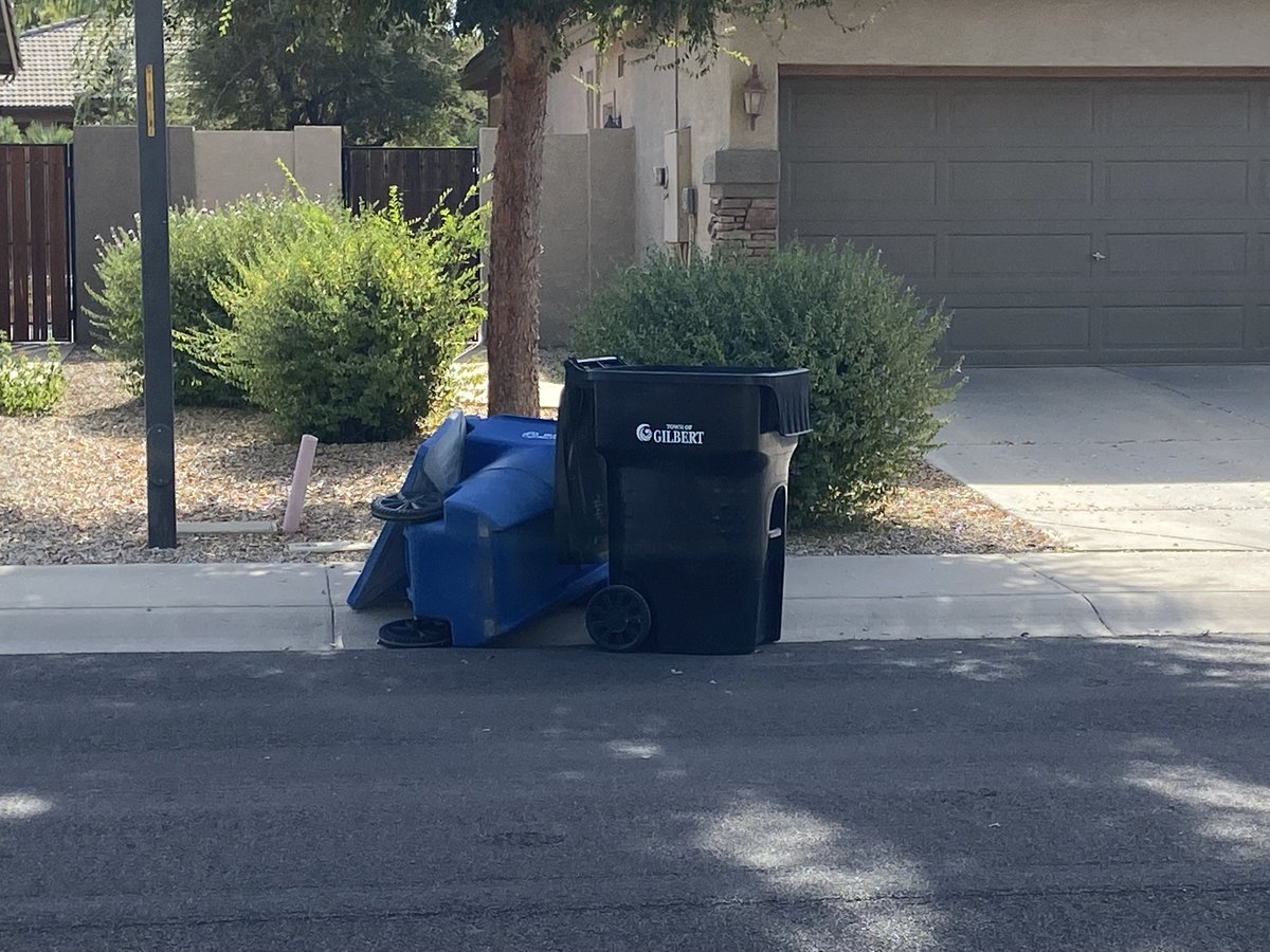 jadiaz_'s tweet photo. @GilbertYourTown I’m not sure whose running the trucks these days but I’ve seen an uptick in damaged bins and this scene is almost weekly https://t.co/HZHQiFr0BL