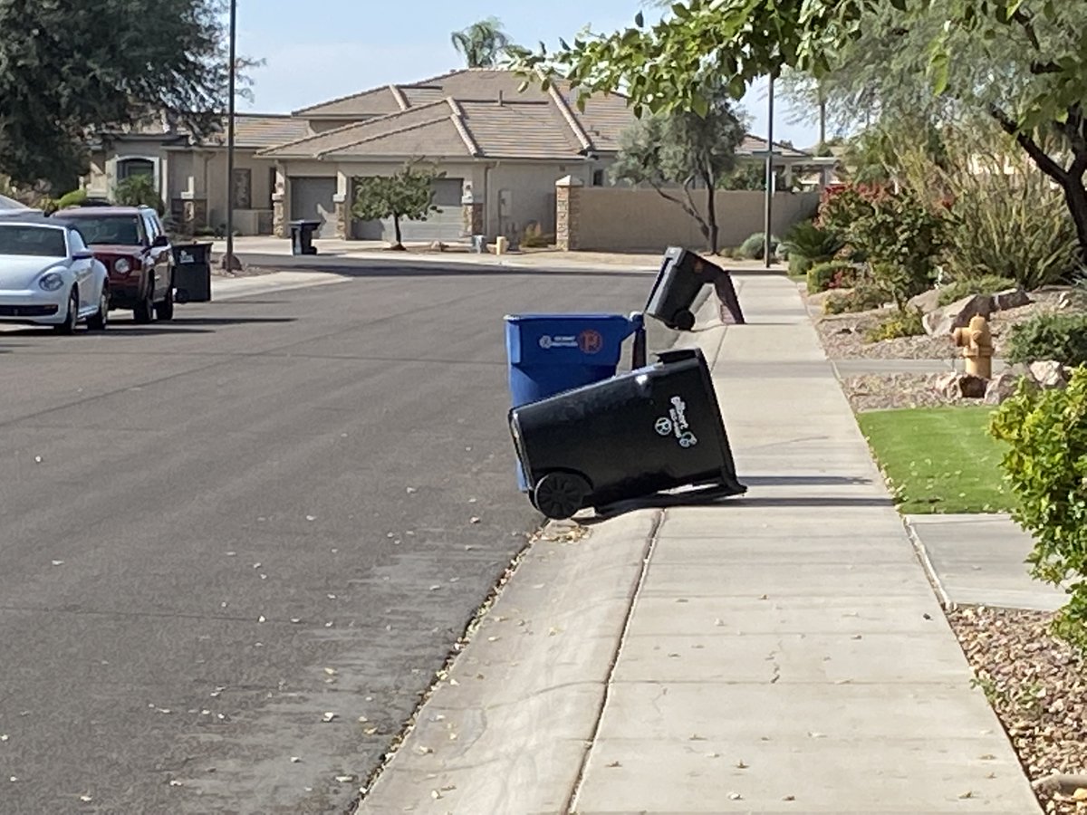 jadiaz_'s tweet photo. @GilbertYourTown I’m not sure whose running the trucks these days but I’ve seen an uptick in damaged bins and this scene is almost weekly https://t.co/HZHQiFr0BL