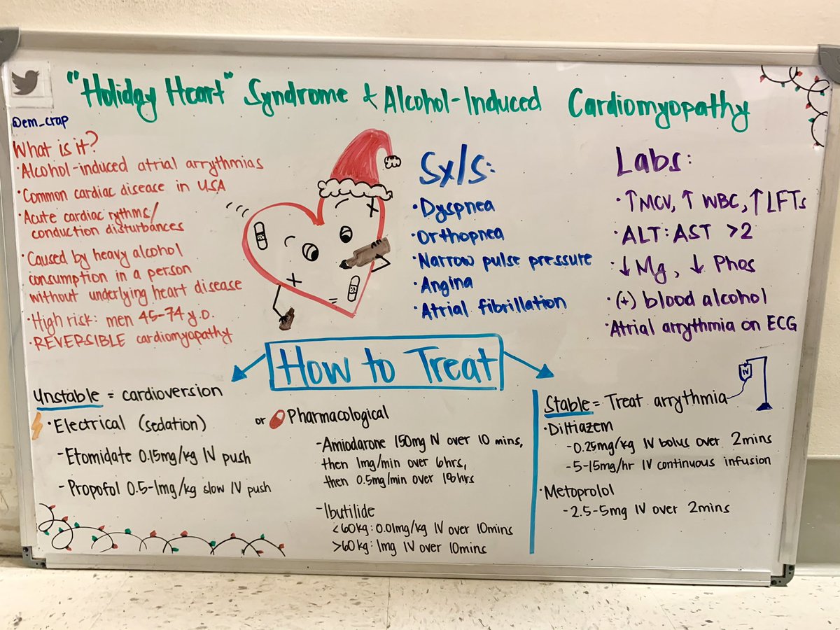 🎄TIS THE SEASON for merrymaking 🥂🍾 so watch out for “Holiday Heart Syndrome” in the ER 🚑🏥:
🍻 EtOH-induced cardiomyopathy 
💓 atrial fibrillation 
These patients may need cardioversion ⚡️ or antiarrhythmic tx 💉
#pharmacyeducationboard by the Twitterless Brenda Luke