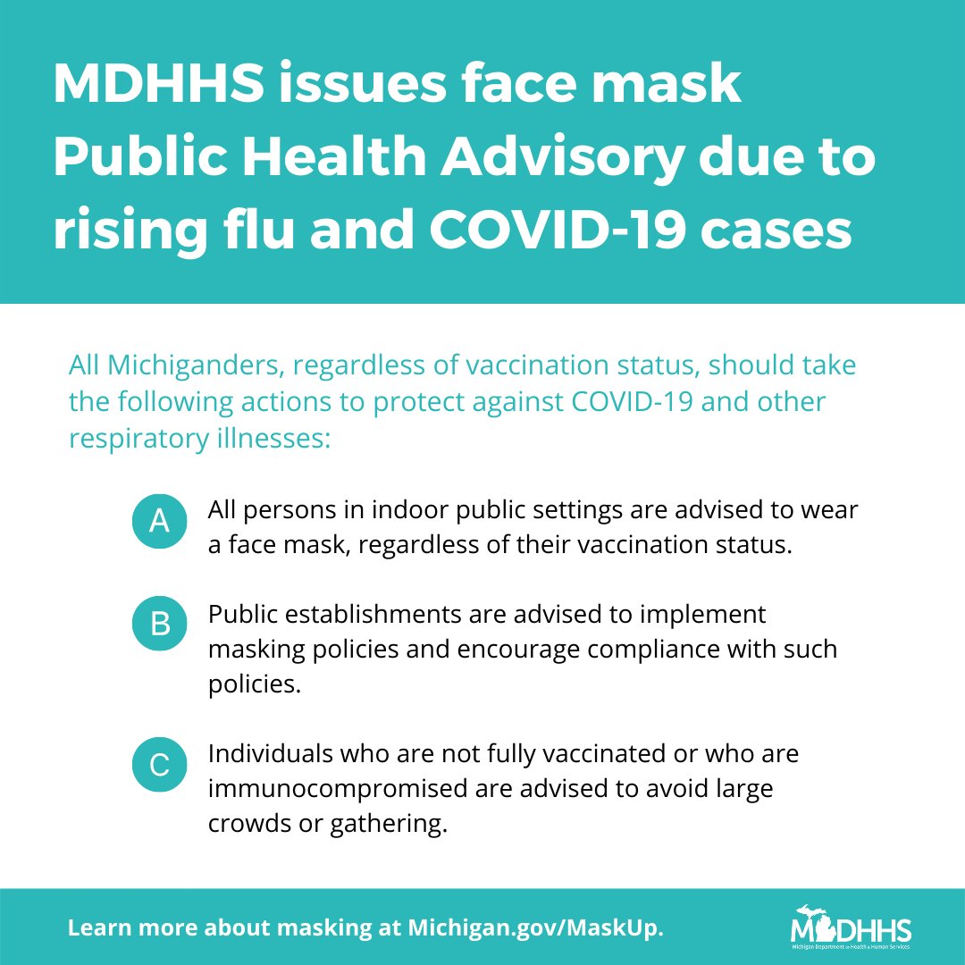 Due to a rise in flu and COVID-19 cases, MDHHS has issued a face mask advisory for the holiday season. The Public Health Advisory recommends all Michiganders, regardless of vaccination status, wear a mask in indoor public settings. 1/2