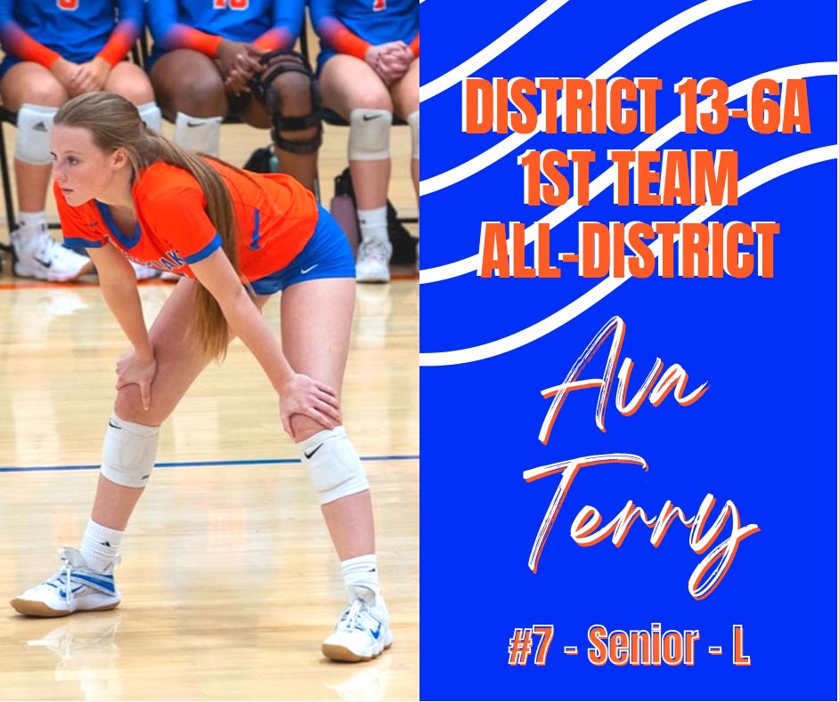 grandoaksvb's tweet photo. Congratulations to 𝐀𝐯𝐚 𝐓𝐞𝐫𝐫𝐲 for being selected to the 𝐃𝐢𝐬𝐭𝐫𝐢𝐜𝐭 𝟏𝟑-𝟔𝐀 𝐅𝐢𝐫𝐬𝐭 𝐓𝐞𝐚𝐦! What an outstanding 4 years of leading our defense and repping that libero jersey each &amp; every night! We are so proud of you! 🧡💙🐻🏐 https://t.co/A3Eq7hLQPg