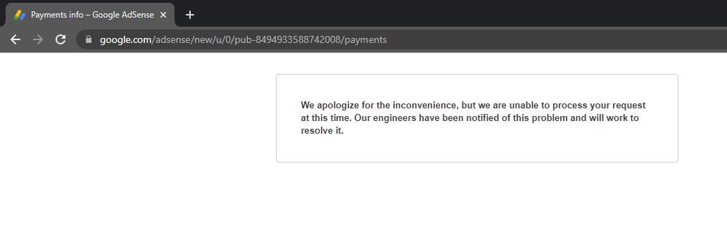 Toucherofcancer's tweet photo. @TeamYouTube This is what I get when I try to do anything in adsense https://t.co/JBALJSijRO