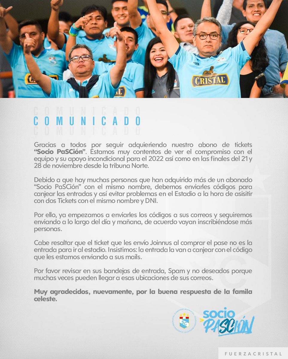 ClubSCristal's tweet photo. 🚨 Atención #SocioPasción 

¡Fuerza Cristal! 💪

#SomosFamilia https://t.co/IjNtQ4i4wN