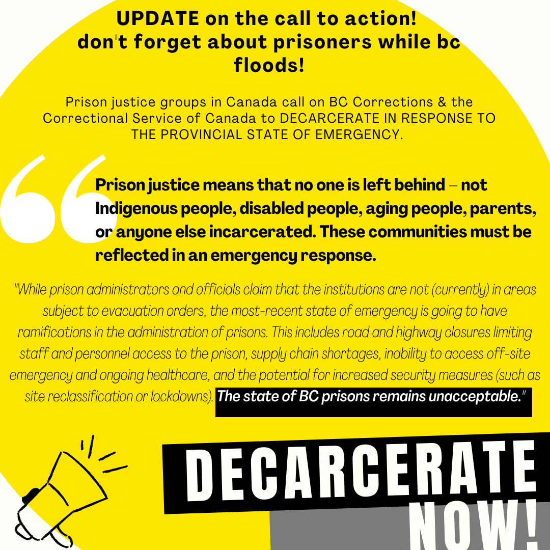 today #PrisonJustice groups from across so-called canada wrote to <a href="/CSC_SCC_en/">Correctional Service</a> &amp; BC Corrections (<a href="/mikefarnworthbc/">Mike Farnworth</a>) demanding decarceratione fforts while BC is in multiple states of emergency, most recently due to the #BCFloods. Full letter here: bit.ly/3HGbqmL