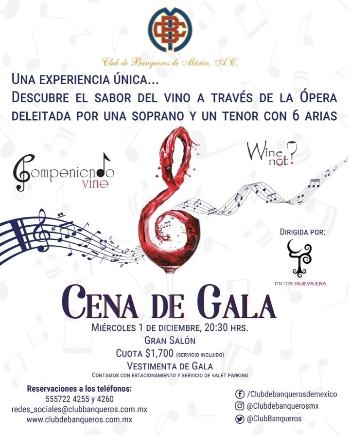 Disfruta de una experiencia única.

Descubre el sabor del vino a través de la Ópera en nuestra 𝗖𝗲𝗻𝗮 𝗱𝗲 𝗚𝗮𝗹𝗮.
Miércoles 1° de diciembre a las 20:30 hrs.
Informes y reservaciones:
555722 4255 / 4260
redes_sociales@clubbanqueros.com.mx
#clubdebanqueros #CentroHistóricoCDMX