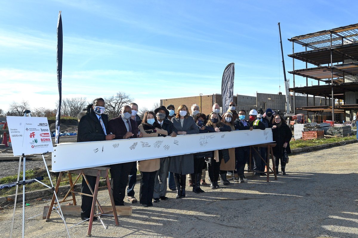NorthChi60064's tweet photo. Mayor Leon Rockingham, Jr., City Council,  School Dist. 187 officials, and other local and state dignitaries were on hand today to sign a steel construction beam of the new Neal Math and Science Academy, in North Chicago. The project is made possible by @abbvie  of North Chicago. https://t.co/ZB1QgnWD2A