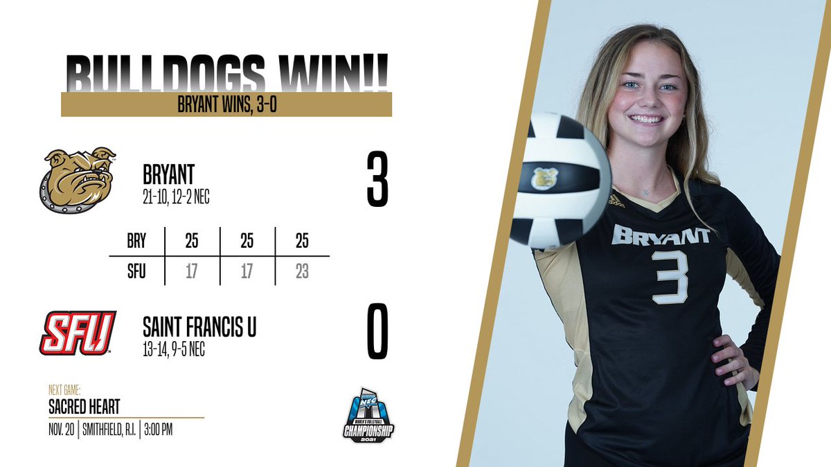 Bryant_Vball's tweet photo. WE WILL SEE YOU TOMORROW!!
Bulldogs sweep SFU to advance to the NEC title game!

#GoDawgs https://t.co/tez9SyuA3W
