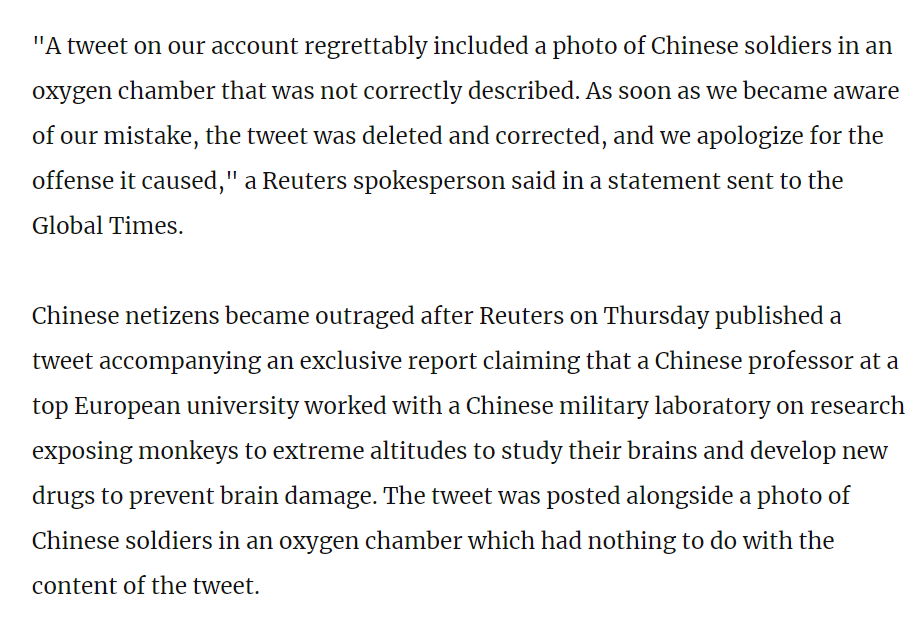 Journalistic Integrity in Question. #Reuters apologized to China’s official media for its #mistake of attaching a picture of Chinese soldiers to an irrelevant Twitter post it published one day earlier. The post with the wrong picture was criticized by Chinese netizens as racist.