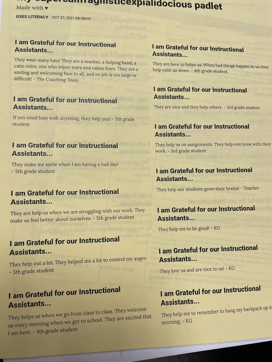 ClaraCraig76's tweet photo. Celebrating my hard working, dedicated Instructional Assistants and Paras with kind words of Gratitude. ❤️🧡@GESPelicans @Mrs_Legg27 @POEKPOE #BeTheLight #Gratitude #LearningHasNoLimits https://t.co/aOz7fgWEo0