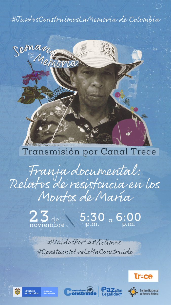 Este 23 de Noviembre Andrés Narváez estará Participando en la franja documental en Relatos de resistencia de los montes de María por el <a href="/canal13/">El 13</a> !!
.
No se lo pierdan!
#UnidosPorLasVictimas #construirsobreloyaconstruido