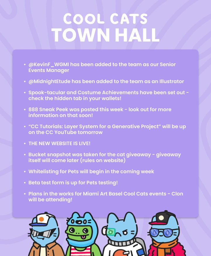 coolcats's tweet photo. ✨ TOWN HALL - 11/19/21 ✨

Our new website is LIVE! This week we 
will be rolling out different whitelist chances for our upcoming launch, so keep an eye out! It’s the weekend so get some rest, stay hydrated, and stay cool. We love the community. 🐱💙

https://t.co/B95955wDrq https://t.co/syrTt8yHjS