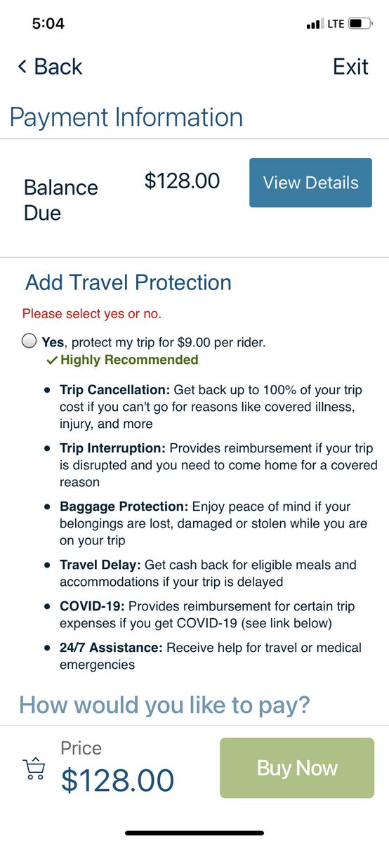 thaswell's tweet photo. @Amtrak can you tell me where the “No” option is for travel insurance? Thank you https://t.co/MIsm2ja6PK