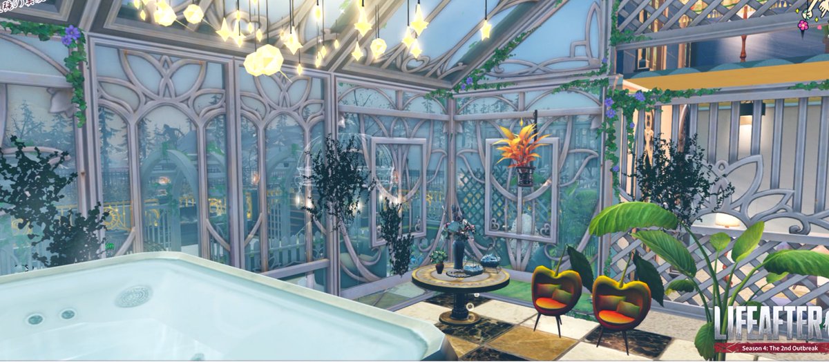 dfrs3987's tweet photo. 花園テーマプランボックス使って建て替えしましたヾ(*´∀｀*)ﾉ
洋館は初めて挑戦したのだけど、建材が可愛いから最高〜〜！
温室ジャクジーと屋根のちょんちょん🌟がお気に入り♡
 #ライフアフター
 #ライフアフター建築 https://t.co/5uWmRS0rsC
