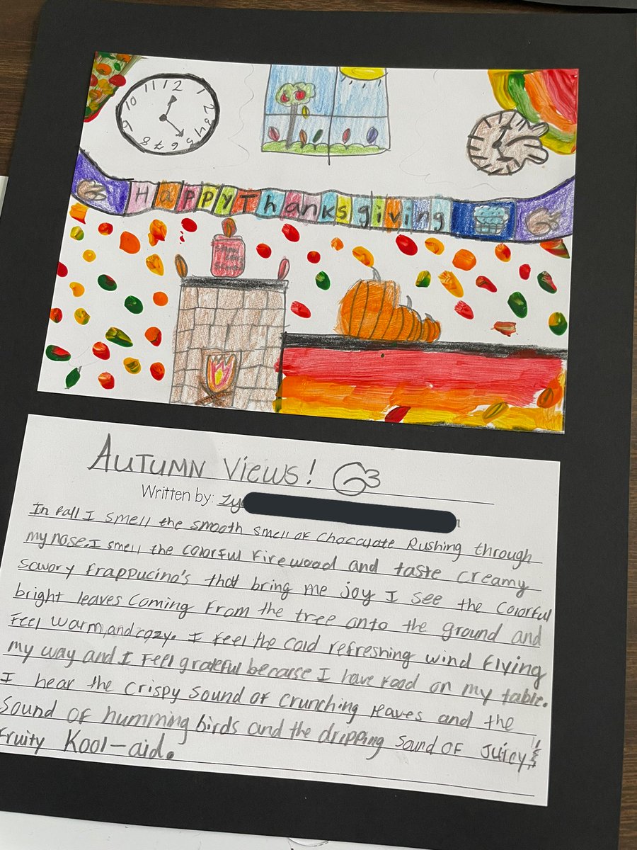 TurrubiatesSJH's tweet photo. Kiddos worked all week exploring their five senses to paint a picture of what Autumn was to them. They got to publish their final drafts today, and I could not be more proud of the results 🧡🍂  @NISDHowsman https://t.co/YQJD4sfy7U