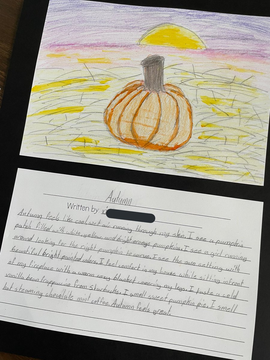 TurrubiatesSJH's tweet photo. Kiddos worked all week exploring their five senses to paint a picture of what Autumn was to them. They got to publish their final drafts today, and I could not be more proud of the results 🧡🍂  @NISDHowsman https://t.co/YQJD4sfy7U