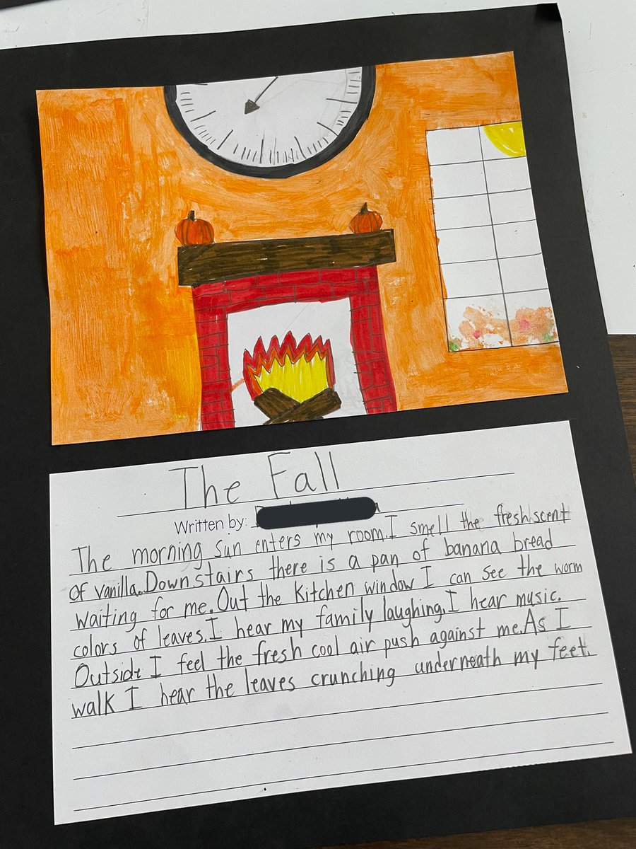 TurrubiatesSJH's tweet photo. Kiddos worked all week exploring their five senses to paint a picture of what Autumn was to them. They got to publish their final drafts today, and I could not be more proud of the results 🧡🍂  @NISDHowsman https://t.co/YQJD4sfy7U