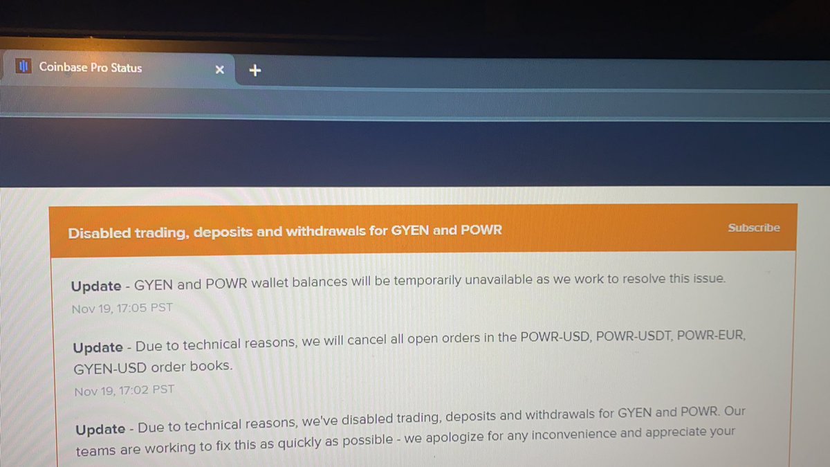 _lilfastturtle's tweet photo. @CoinbasePro Kind of hard to read guys but it’s coinbase pros’ status and it says $burn and #powr are temporarily unavailable even in our wallets so this means we will have it available again. So breath and don’t give your password to some scammer on Twitter the support team doesn’t need it https://t.co/XZOQ81LXAn