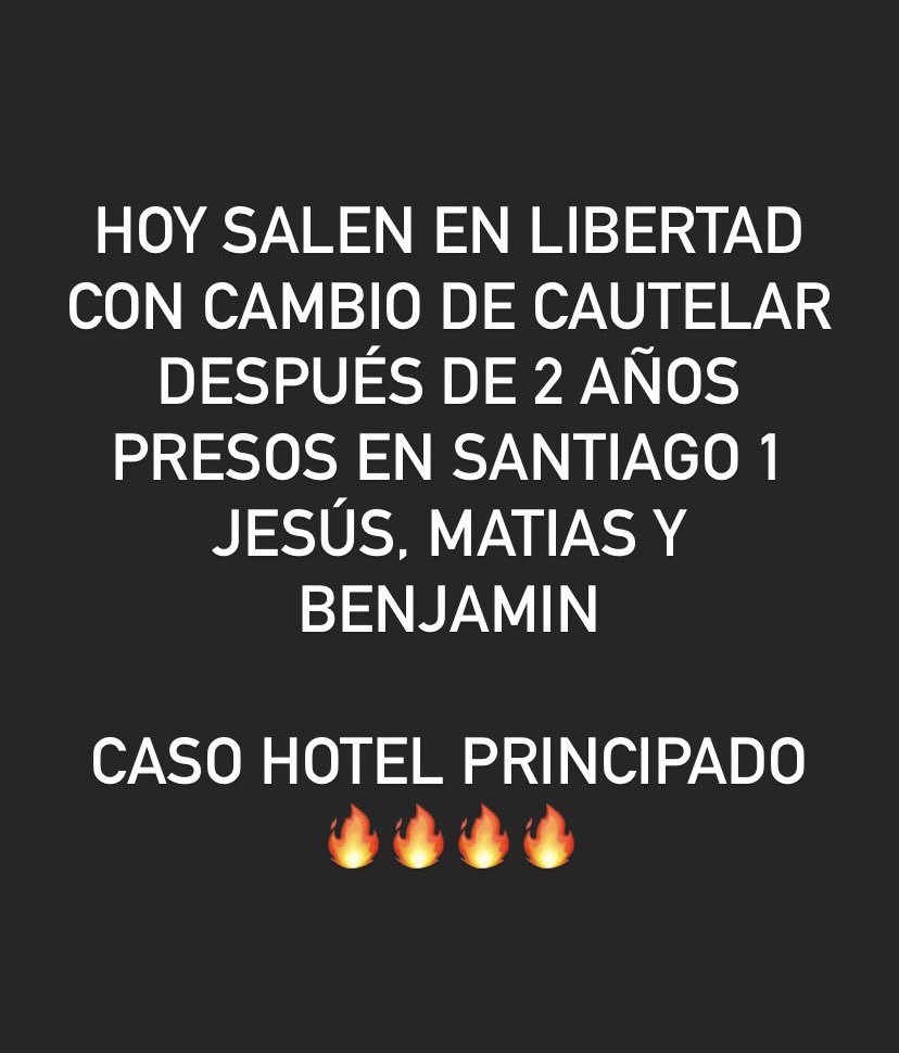 Hoy Matias, Benjamin y Jesús estarán fuera del CDP Santiago 1 

Caso hotel principado 

#libertadalxspresxsdelarevuelta #aprobarleydeindultogeneral #nomaspresxsporluchar