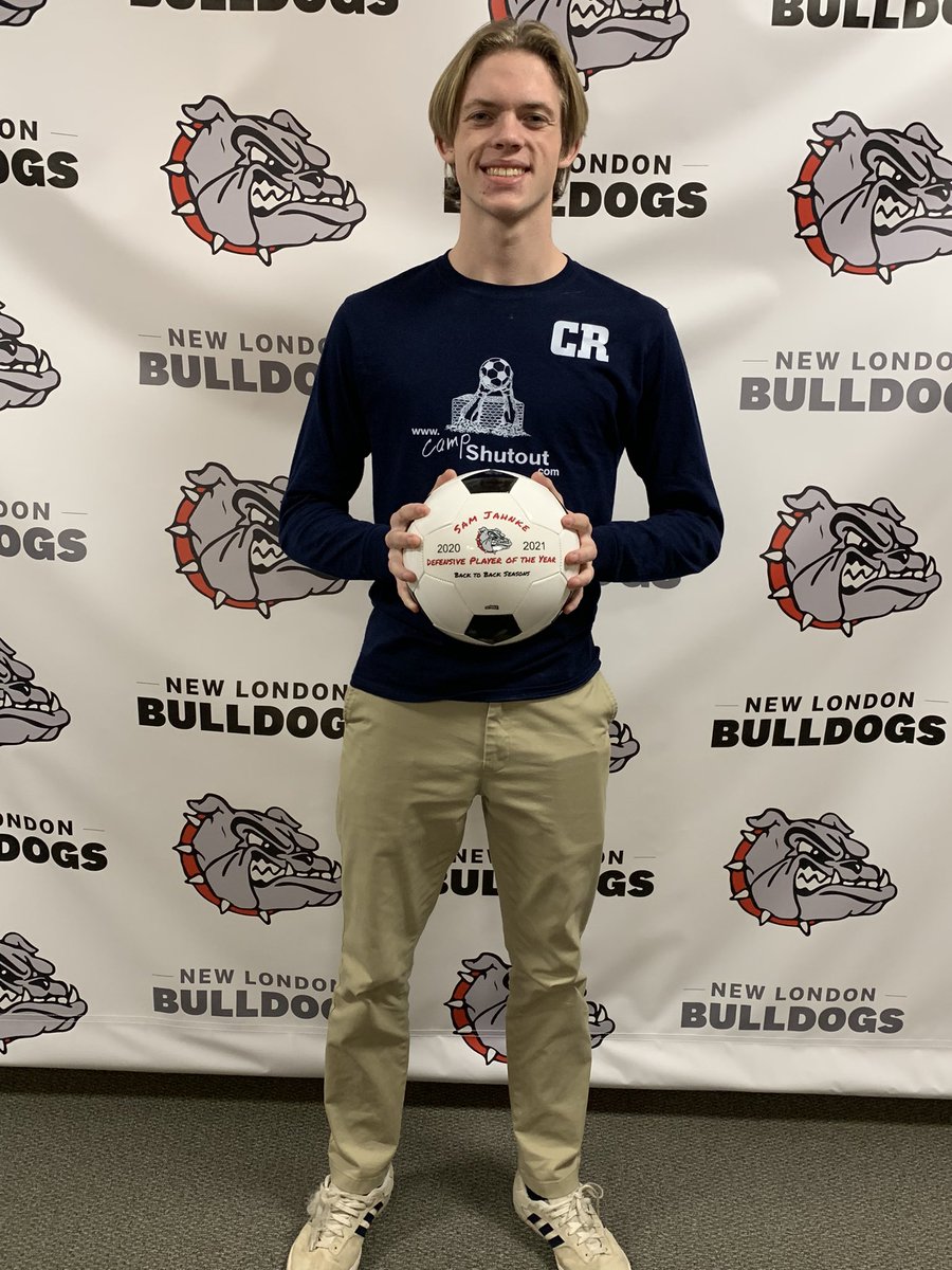NLBulldogSoccer's tweet photo. Sam was given a ceremonial ball that will be placed next to the other NL athletes who were given high conferences honors. Also pictured are Danny Olea (1st team) and Juan Vande Guchte (2nd team). https://t.co/VUcuv5EMXO