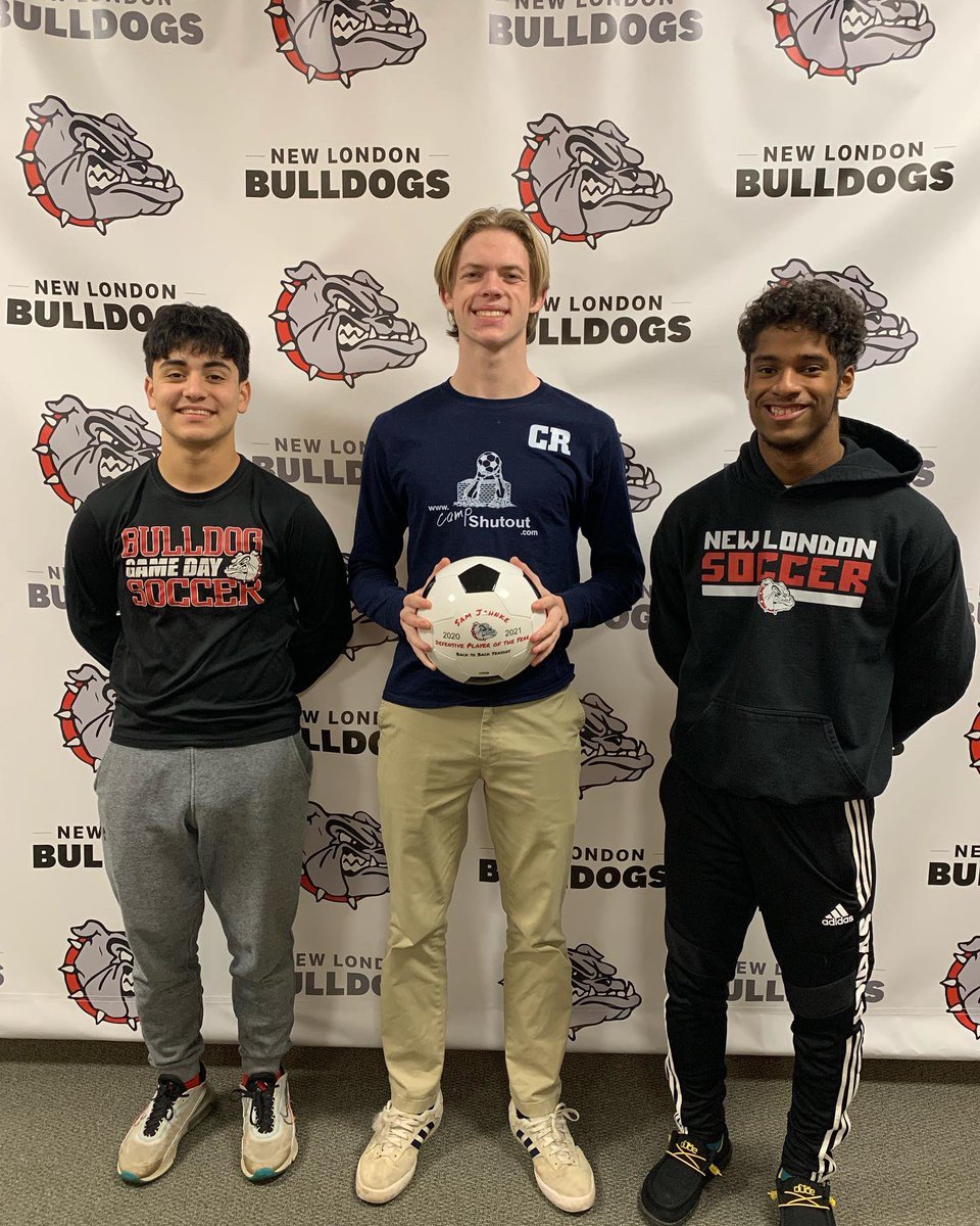 NLBulldogSoccer's tweet photo. Sam was given a ceremonial ball that will be placed next to the other NL athletes who were given high conferences honors. Also pictured are Danny Olea (1st team) and Juan Vande Guchte (2nd team). https://t.co/VUcuv5EMXO