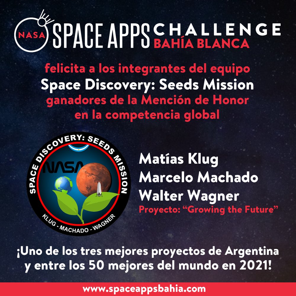 SpaceAppsBahia's tweet photo. ¡Una noticia que nos llena de orgullo! El equipo ganador del @NASA @SpaceApps Challenge #BahíaBlanca obtuvo la MENCIÓN DE HONOR en la etapa global de la competencia: https://t.co/ujCExBf8bX ¡Felicitaciones Matías, Marcelo y Walter! https://t.co/6OFkdKqCDG