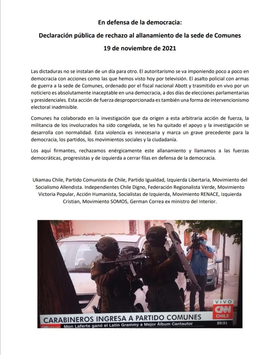 MpUkamau's tweet photo. En defensa de la democracia: Declaración pública de rechazo al allanamiento de la Sede de Comunes
19 de Noviembre 2021 
#Chile #Comunes https://t.co/ozXtn4mVkW