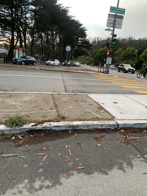 Block from SOTA high school.  Littered with needles.