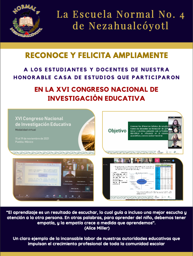EscNormal4Neza's tweet photo. La Escuela Normal No. 4 de Nezahualcóyotl presente en el XVI Congreso Nacional de Investigación Educativa. 

#OrgullosamenteNormalistas 
#OrgullosamenteMexiquenses 
#OrgullosamenteEN4N https://t.co/gqhBfwRPMh