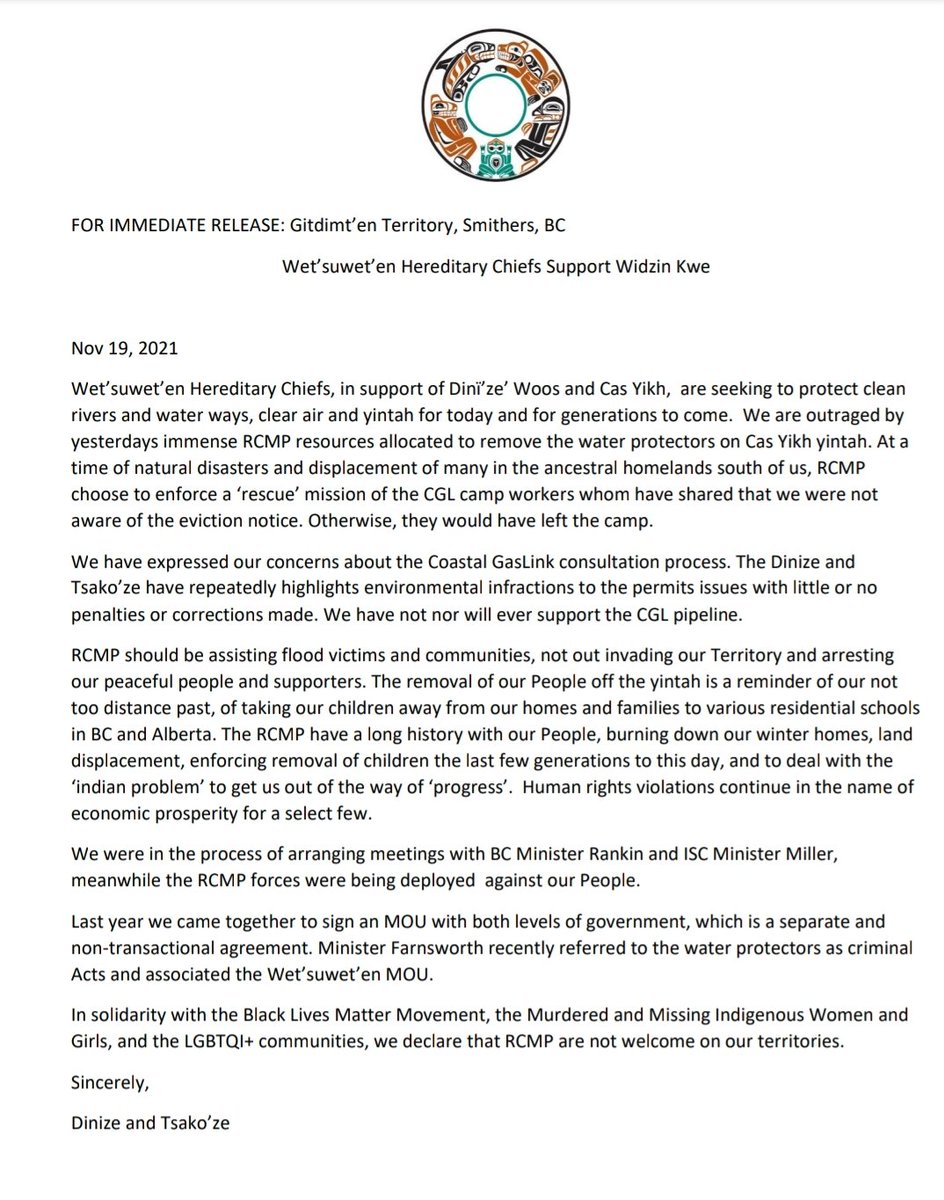HarshaWalia's tweet photo. Wet'suwet'en Hereditary Chiefs (Dinize and Tsako'ze) issue statement. 

"We have not nor will we ever support the CGL pipeline. RCMP should be assisting flood victims and communities, not invading our Territory and arresting our peaceful people and supporters.

#Wetsuweten https://t.co/QDHEtFZA9y
