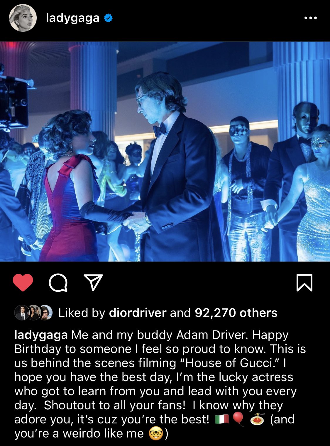 Lady Gaga just wished Adam Driver a Happy Birthday on her Instagram 