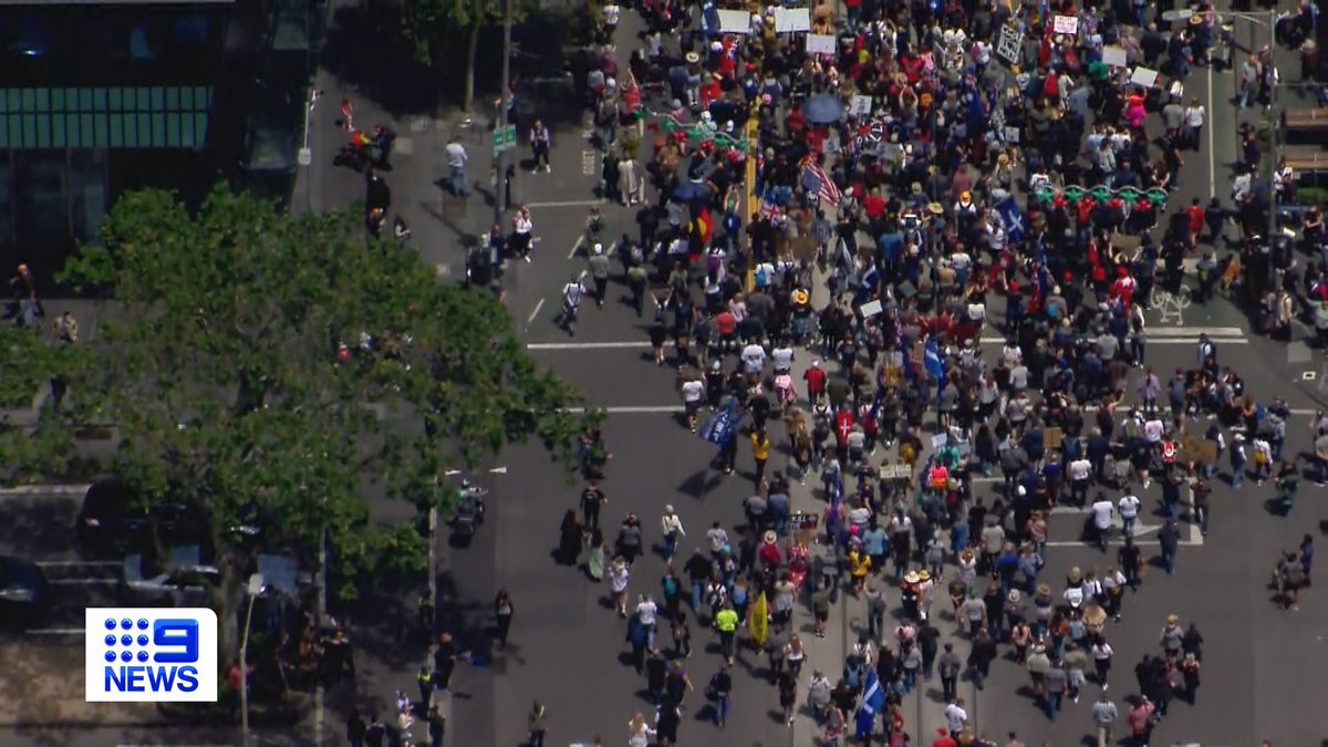 #BREAKING: Crowds are building in Melbourne's CBD as they protest the state's pandemic bill.

It comes after hundreds of protesters rallied for three nights on the steps of state parliament, demanding Victoria's proposed new pandemic legislation be torn up.

#9News