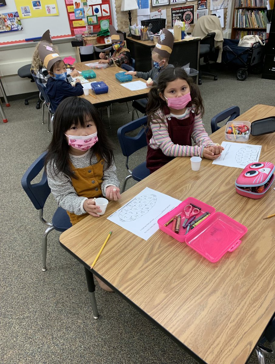 “Scarecrow Olympics” today in Mrs. Manthorne’s TK classroom.
We estimated how much popcorn 🍿 we can hold in our hand and then counted the actual amount. 
We found out that cranberries float &amp; they bounce!